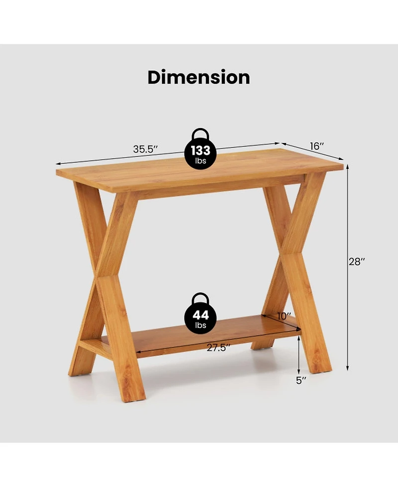 Sugift 35.5in Solid Teak Wood Console Table with Storage Shelf