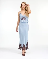 Kittenish Women's High-Waisted Crepe Satin Maxi Skirt with Lace Trim
