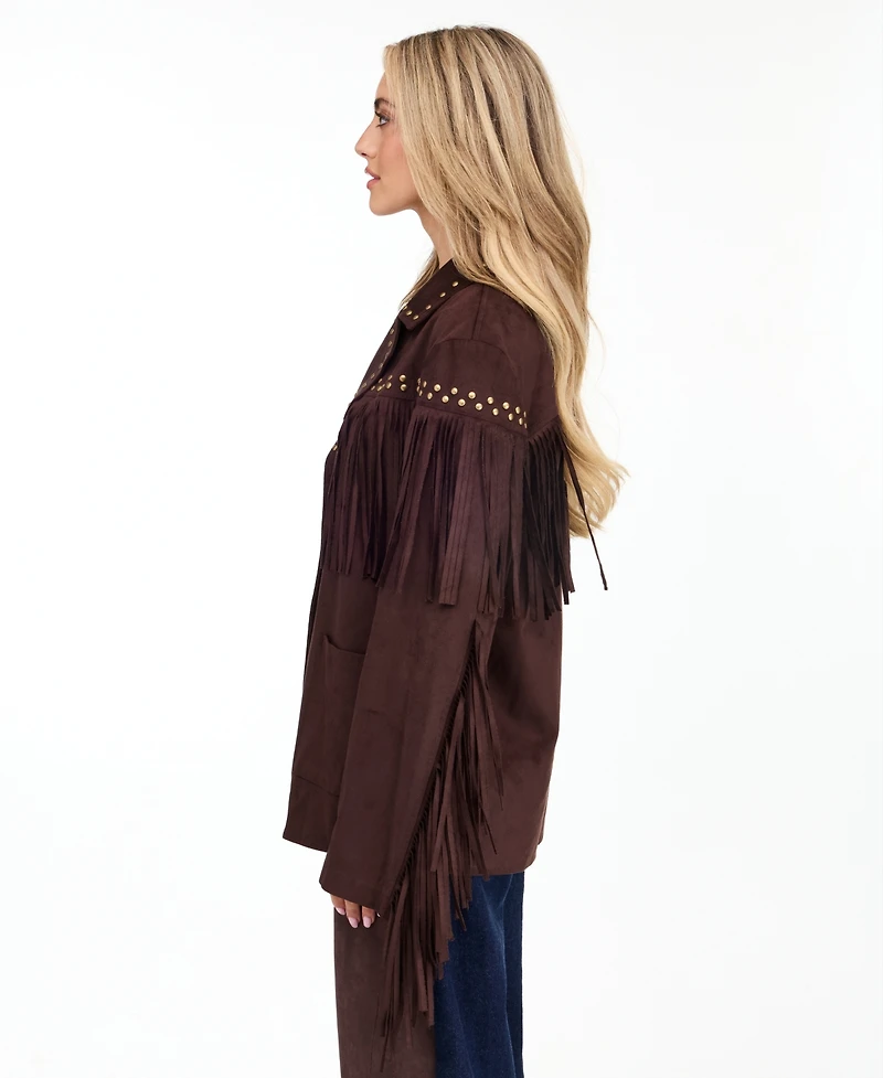 Kittenish Women's Montana Faux-Suede Studded Fringe Jacket