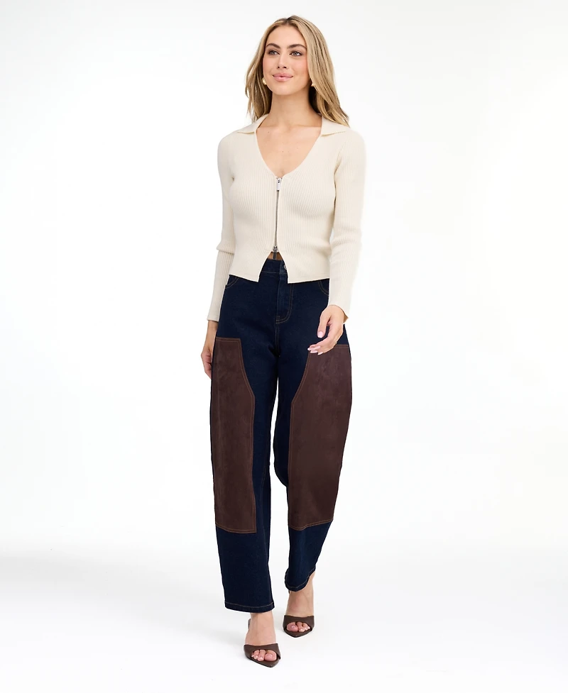 Kittenish Women's Zip Sweater V-Neck Ribbed-Knit