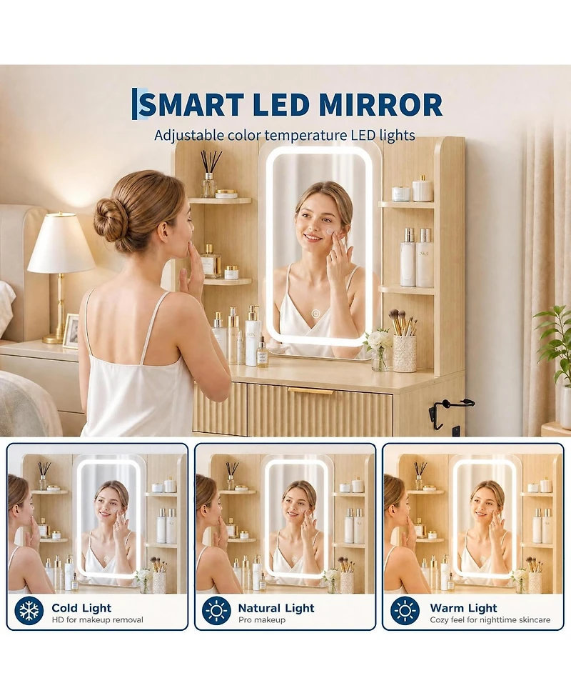 Gaomon Vanity Desk with Mirror and Led Light,Makeup Dressing Table Set Charging Station, Drawers Storage, Bedroom Makeup