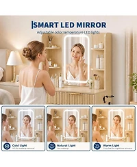 Gaomon Vanity Desk with Mirror and Led Light,Makeup Dressing Table Set Charging Station, Drawers Storage, Bedroom Makeup