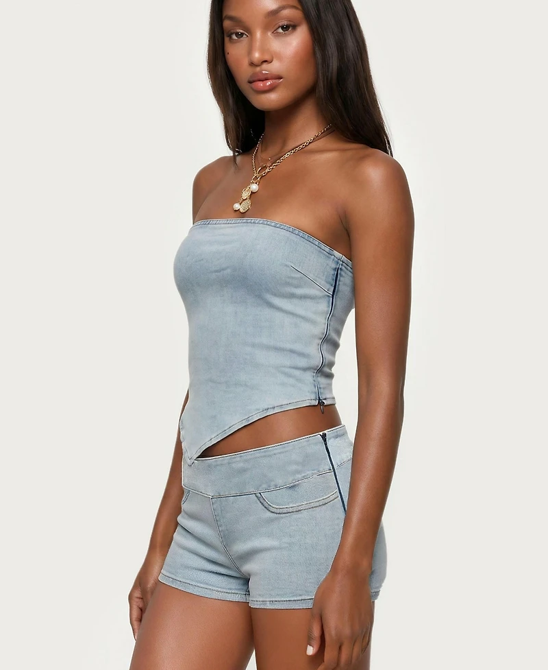 Edikted Women's Zaida Asymmetric Denim Strapless Top