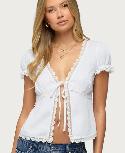 Edikted Women's Eman Lacey Short-Sleeve V-Neck Tie-Front Top