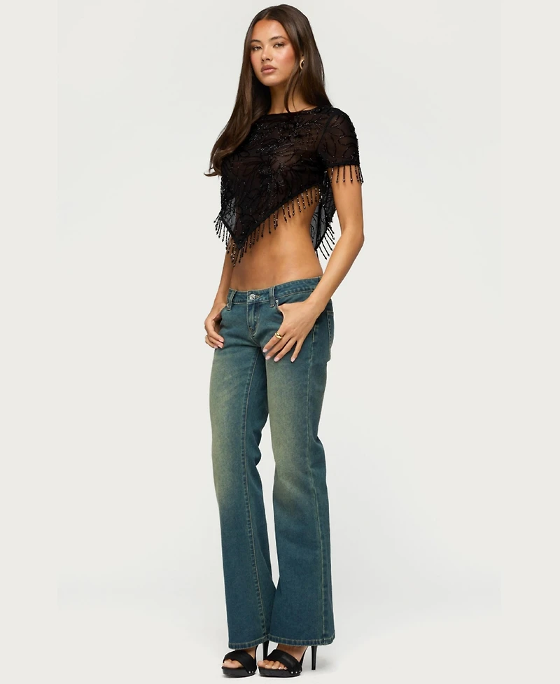 Edikted Women's Yanna Beaded Fringe Mesh Poncho Top