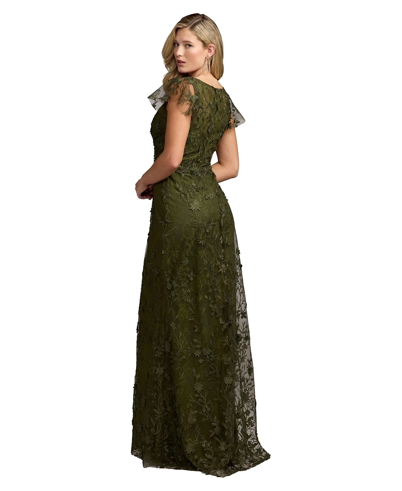 Mac Duggal Women's Petite V-Neckline Embroidered Applique Wrap Over Flutter Sleeve Gown