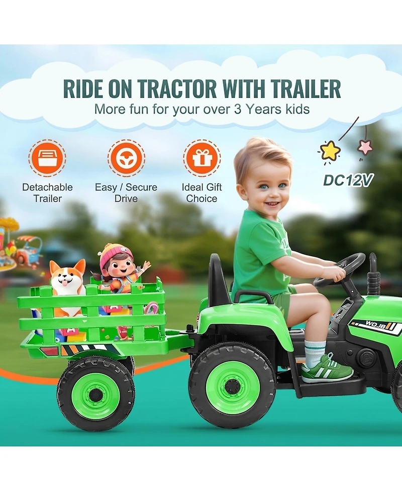 Sevorley 12V Electric Ride-On Tractor With Detachable Trailer and Remote Control, Ages 3+