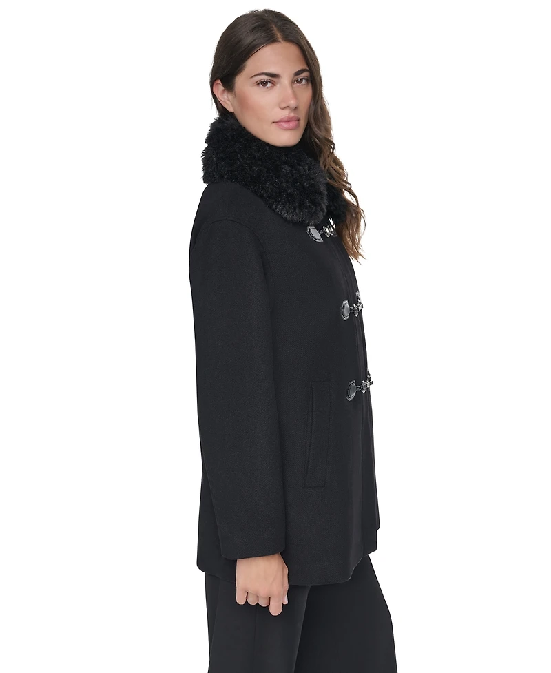 Dkny Women's Faux-Fur Collared Wool-Blend Mid-Length Coat
