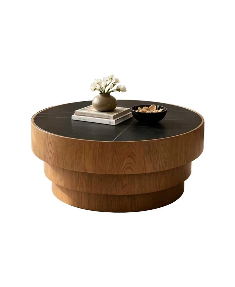 Clihome 31.5" Round Coffee Table with Sintered Stone Top - Mdf Wood Veneer Tiered Base, Modern Low Profile for Living