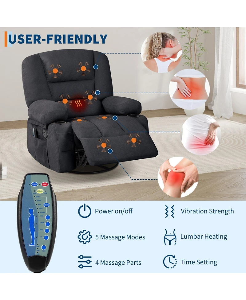 gaomon Oversized massage recliner with vibration and heating,Chenille,manual recline, side pocket,Cup Holders