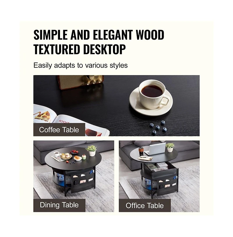 Slickblue Round Lift Top Coffee Table with Pop Up Tabletop and Storage Pockets for Small Spaces