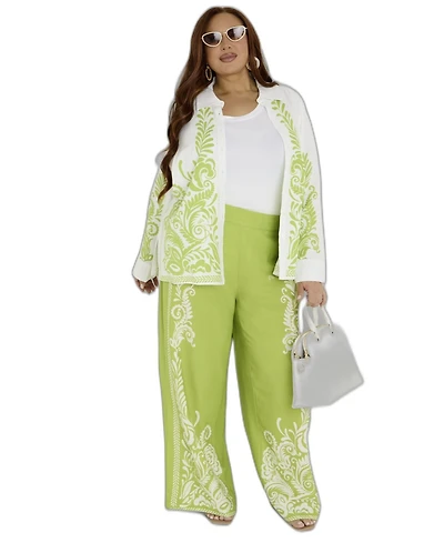 Ashley Stewart Plus Leaf-Print Pull-On Wide-Leg Linen-Blend Pants