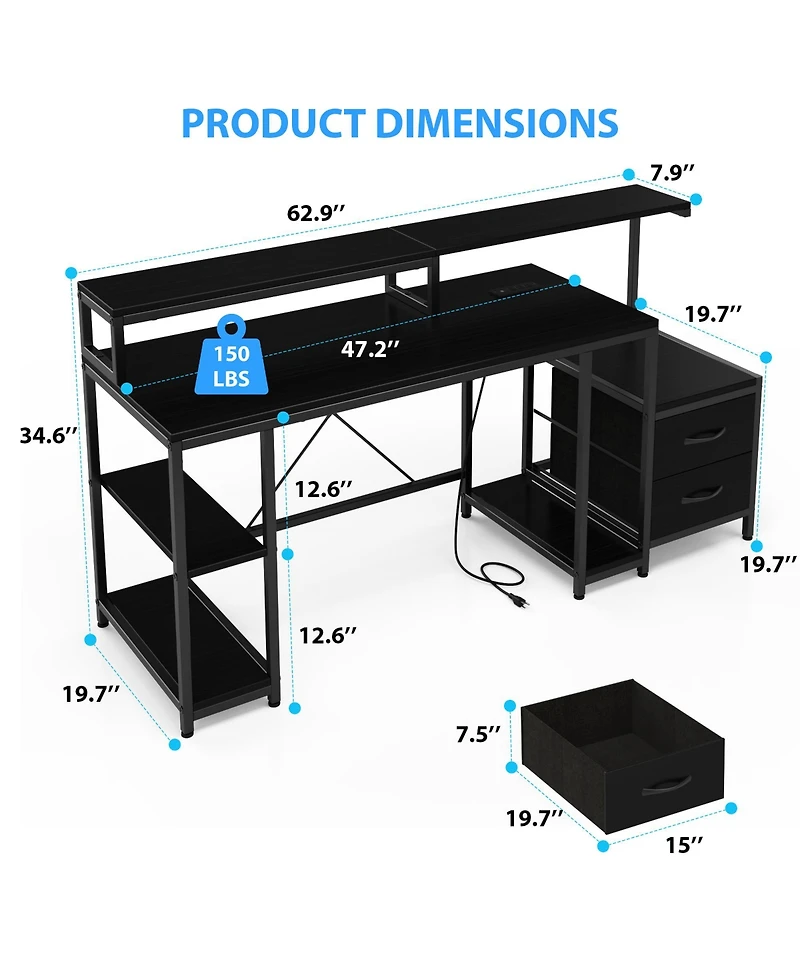 homfan Computer Gaming Desk with File Drawers, 63'' Home Office Power Outlets and Led Light, Printer Space, Monitor Stand, Storage