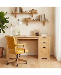 homfan 59" Farmhouse Office Desk with 4 Drawers, Charging Station and Keyboard Tray, Wood-Look