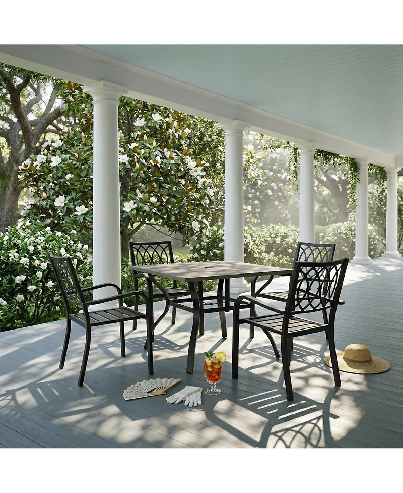 Clihome 5 Piece Patio Dining Set, 37.8in Square Wood Grain Table and 4 Slatted Metal Chairs