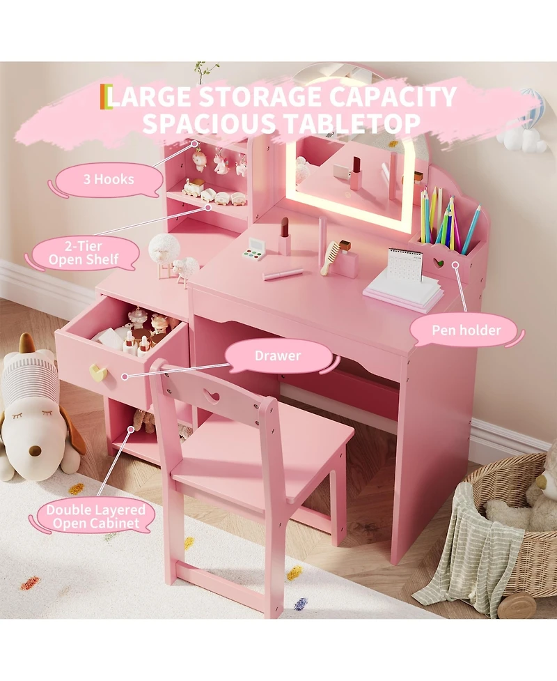 gaomon Kids Vanity Table and Chair Set, Set with Open Shelves, Hook, Drawer, Double Layered Cabinet, Pen Holder