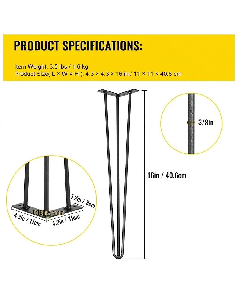 Sugift Hairpin Table Legs Set of 4, 16" Heavy Duty, 880lbs Load Capacity