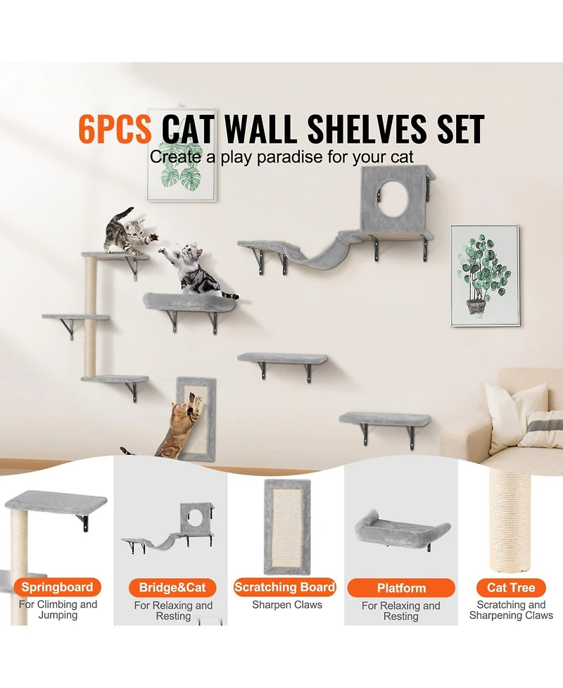 Sugift 6-Piece Wall Mounted Cat Shelves with 2 Jumping Boards Hammock Sofa Cat Tree Cat Grip Up to 40 lbs