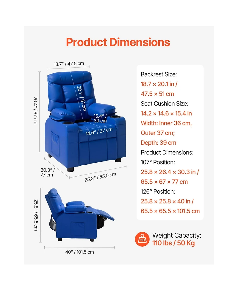 Sugift Kids Reclining Chair with 2 Cup Holders 4 Pockets 107degree(s) to 126degree(s) Adjustable Pu Leather Recliner