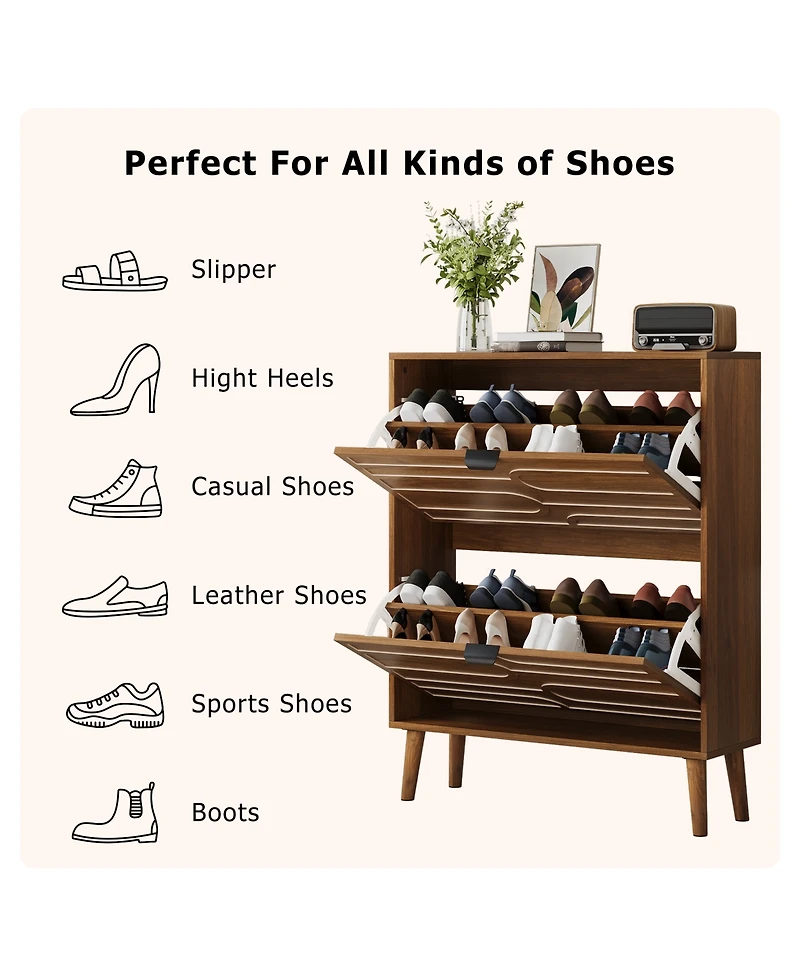 Boyel Living 31.5-Inch Medieval Modern Shoe Storage Cabinet, Freestanding Farmhouse Entryway Organizer with 2 Flip Drawers and Solid Wood Legs