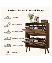 Boyel Living 31.5-Inch Medieval Modern Shoe Storage Cabinet, Freestanding Farmhouse Entryway Organizer with 2 Flip Drawers and Solid Wood Legs