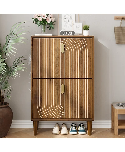 Boyel Living 23.6-Inch Freestanding Shoe Storage Cabinet with 2 Flip Drawers, Line Groove Entryway Organizer with Adjustable Shelves and Metal Handles