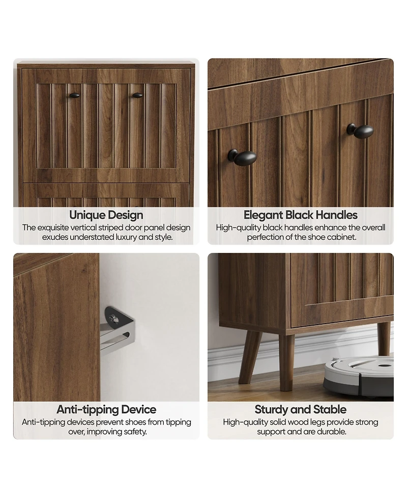Boyel Living 23.6-Inch Mid-Century Modern Shoe Cabinet, Freestanding Entryway Storage with Vertical Grooved Finish and 2 Flip Drawers for Hallway