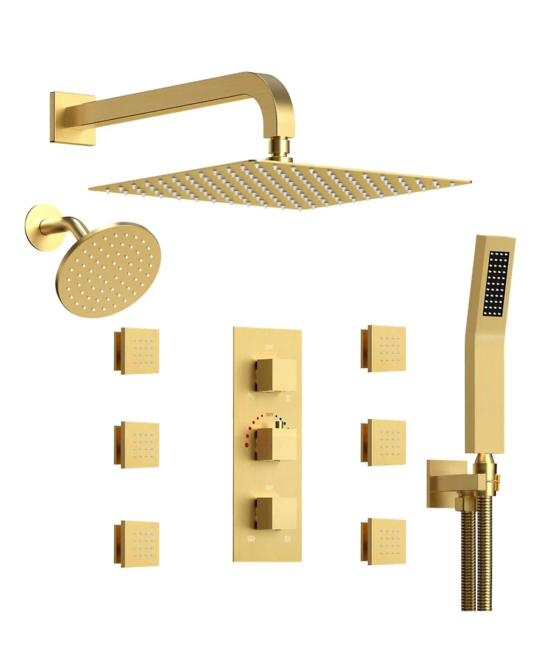 Everstein Thermostatic Dual Showerheads System Wall Mount 12" High-Pressure Rainfall Shower Faucet with Handheld Spray and Body Jet