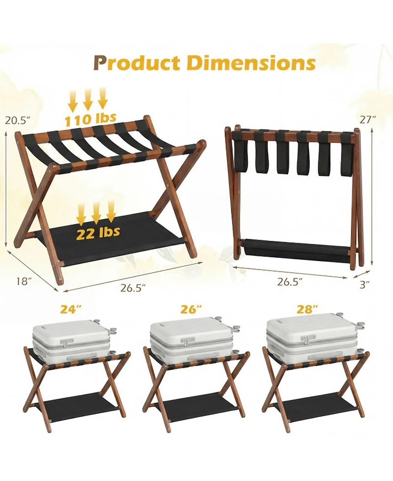 Sugift Solid Rubberwood Folding Luggage Rack with Nylon Shelves