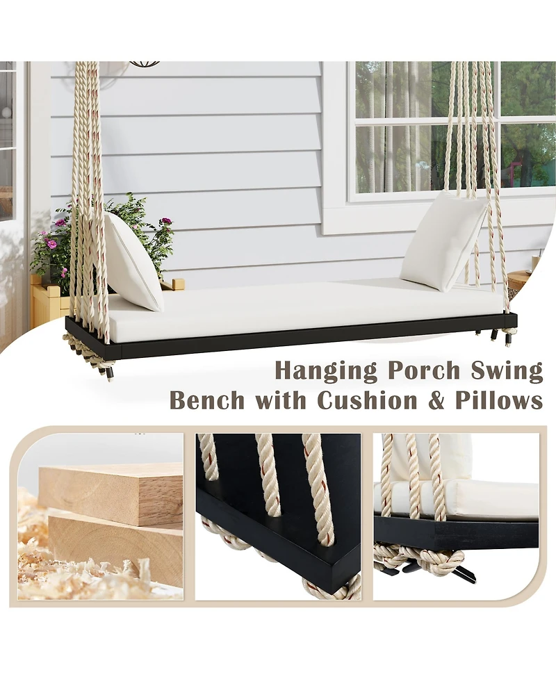 Boyel Living Wooden Porch Swing Bench with Cushion & Pillows, 10.8 ft Hemp Ropes