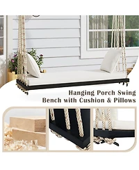 Boyel Living Wooden Porch Swing Bench with Cushion & Pillows, 10.8 ft Hemp Ropes