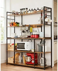 homfan 4-Tier Industrial Baker's Rack with Power Outlet, 6 Hooks and Wire Basket, Adjustable Feet
