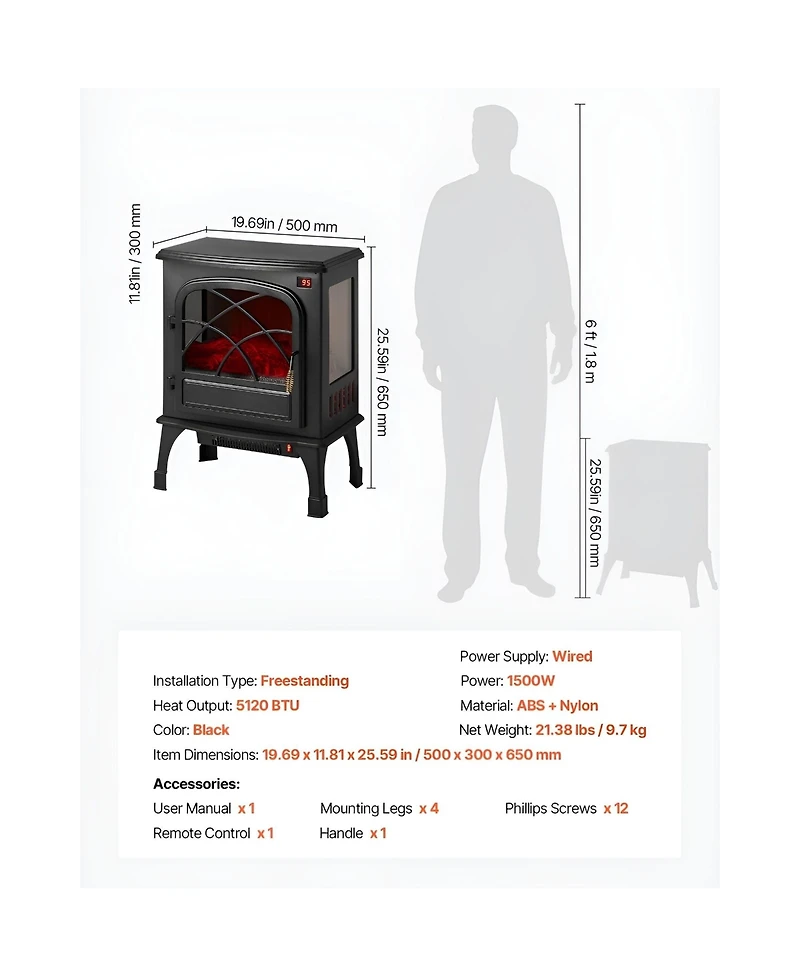 Slickblue 25.5in Electric Fireplace Stove Heater 1500W with Remote and Timer