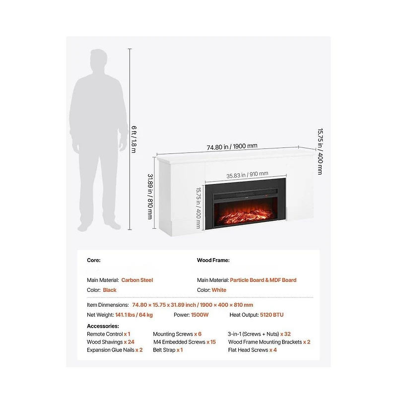 Slickblue 75in Electric Fireplace Stove Heater with Mantel 1500W Remote Timer