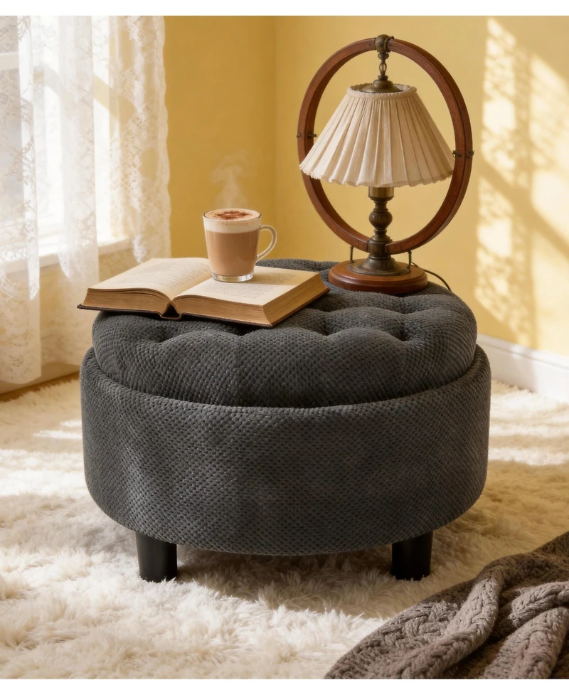 flynama 25 Inch Round Storage Ottoman, Tufted Fabric