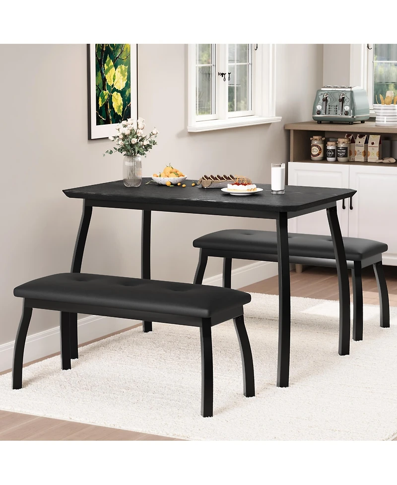 homfan 3-Piece Dining Set for 4, Cut-Angle Tabletop Metal Frame, 2 Soft Pu Padded Benches, Industrial Kitchen Dinette