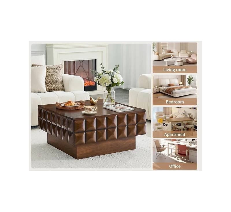 flynama 32.7" Square Walnut Coffee Table with 3D Cube Texture