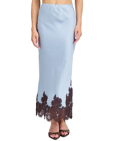 Kittenish Women's High-Waisted Crepe Satin Maxi Skirt with Lace Trim