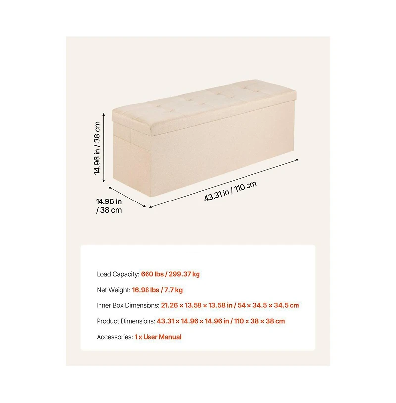 Slickblue Folding Storage Ottoman Bench with Large Hidden Storage, Linen End of Bed for Home