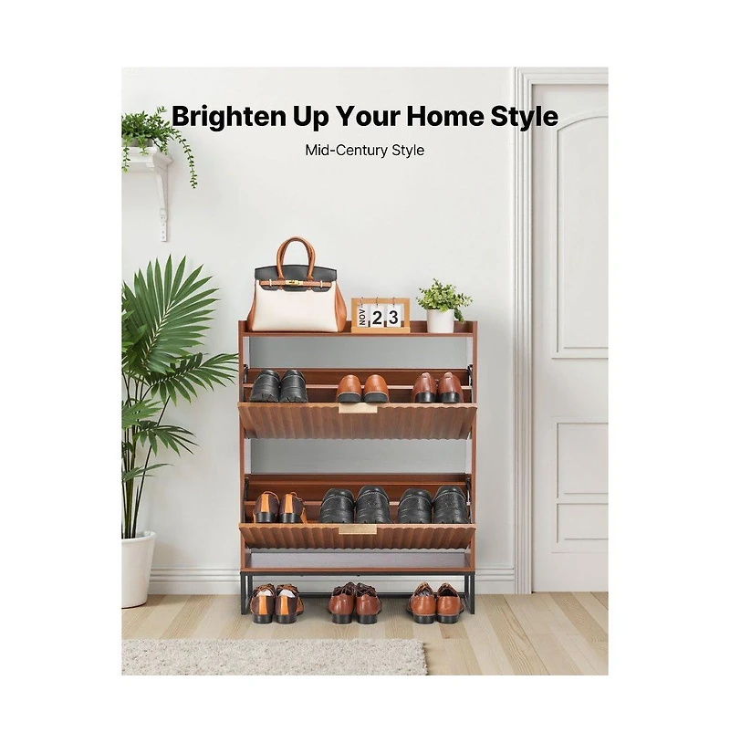 Slickblue Fluted Shoe Storage Cabinet with 2 Flip Drawers, Freestanding Organizer for Hallway Bedroom