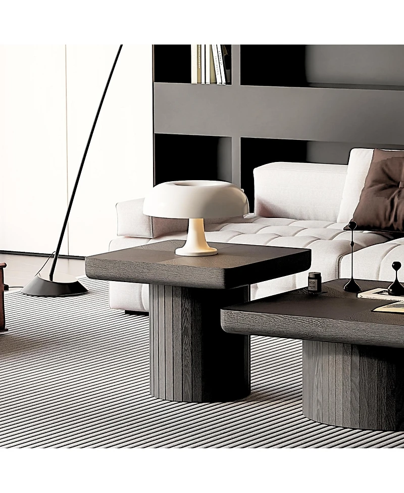 flynama 23.6" Modern Square End Table, Solid Wood Veneer Parquet Top with Grooved Cylindrical Base