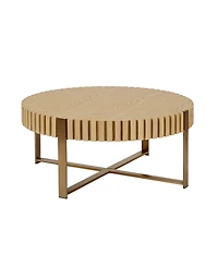 flynama 31.5" Round Drum Coffee Table Mdf Metal Pedestal Base Modern Natural Ash Accent Table