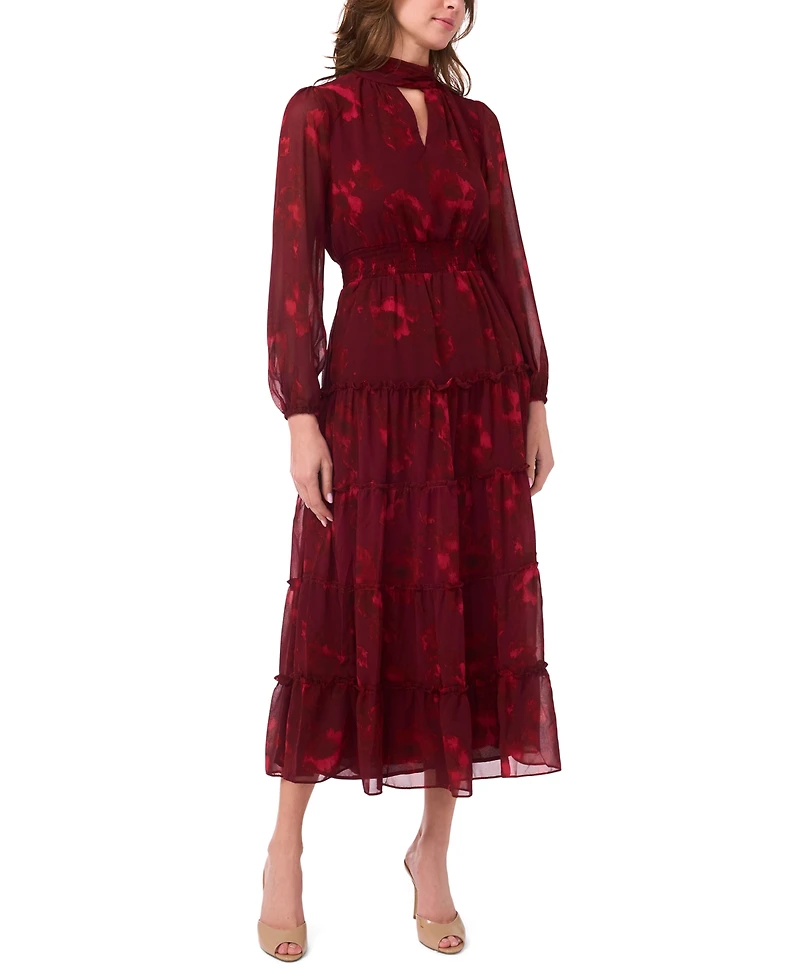 Msk Petite Long-Sleeve Floral-Print Keyhole Dress