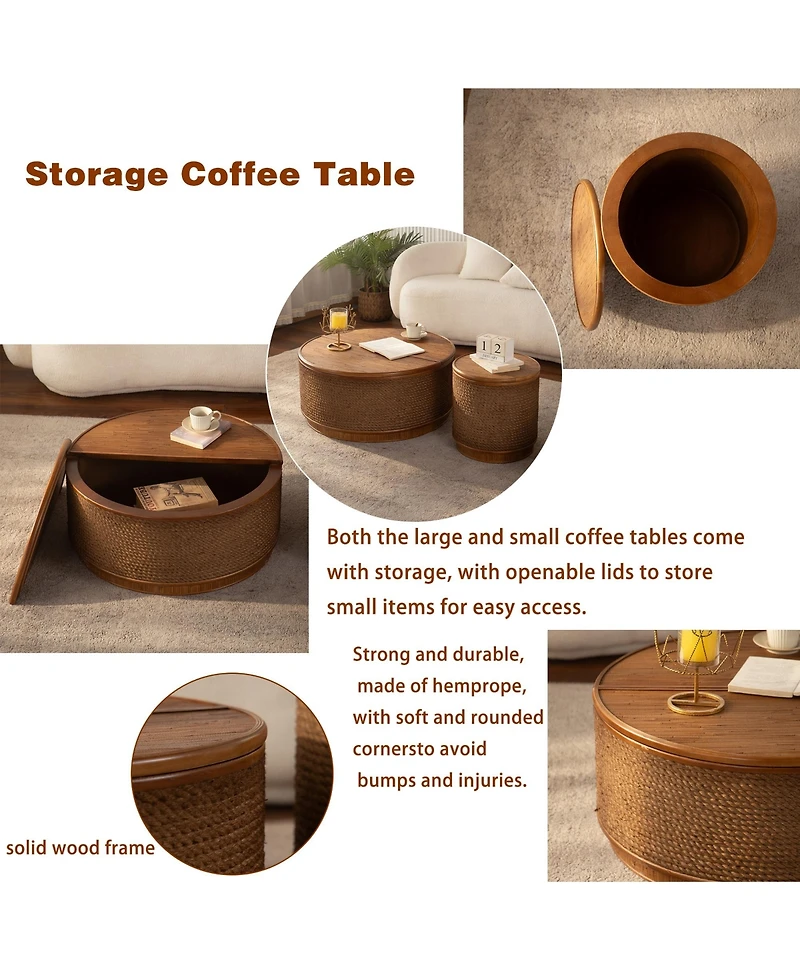 Flynama Boho Rattan Round Coffee Table Lift Top Storage Woven Accent Table No Assembly