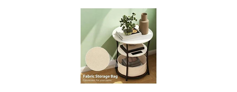 Flynama Round Side Table with Charging Station 3 Tier Storage Fabric Bag