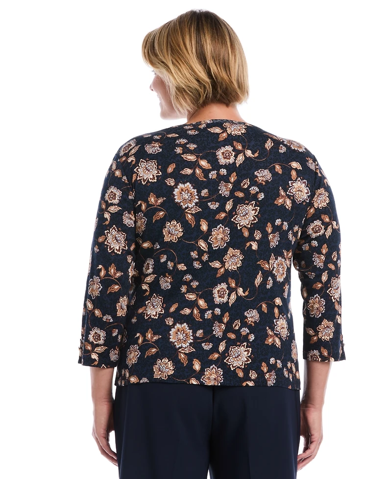 Rafaella Plus Floral-Print 3/4-Sleeve Cotton Blouse