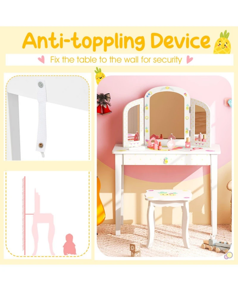 Gouun Kids Vanity Table Set with Tri-Folding Mirror and Pull-Out Drawer