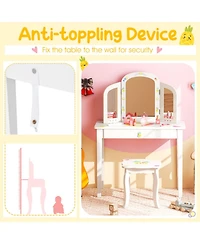 Gouun Kids Vanity Table Set with Tri-Folding Mirror and Pull-Out Drawer