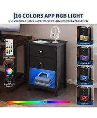 homfan 2 Set of Nightstand with Power Outlets | Open Storage and Led Light Strip, Modern Mid Century Bed Table Drawers,