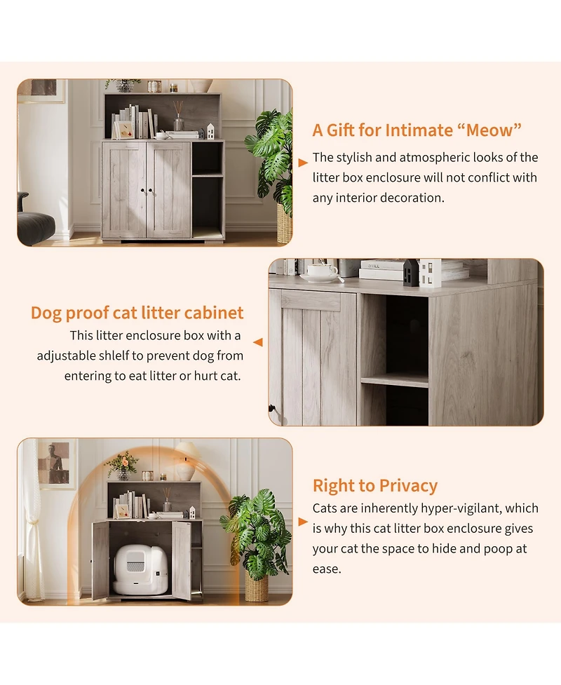 homfan Dog-Proof Cat Litter Box Enclosure – Extra-Large Cabinet Fits Automatic and Tall Boxes with Built-In Outlet, Storage Shelf Mark Pad